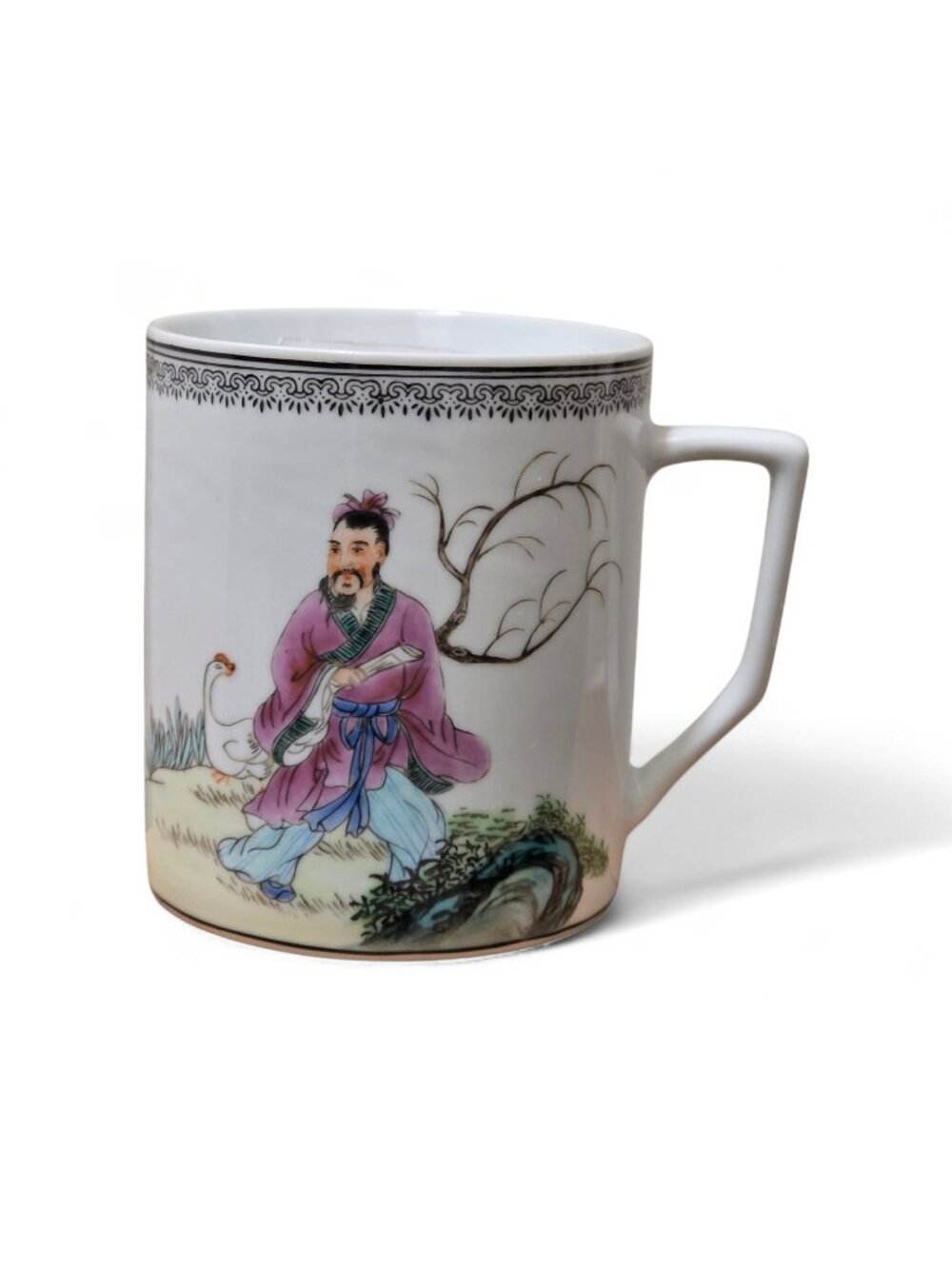 Asian Coffee Tea Mug Man Sitting in Garden Ceramic Porcelain 3.25" x 4"